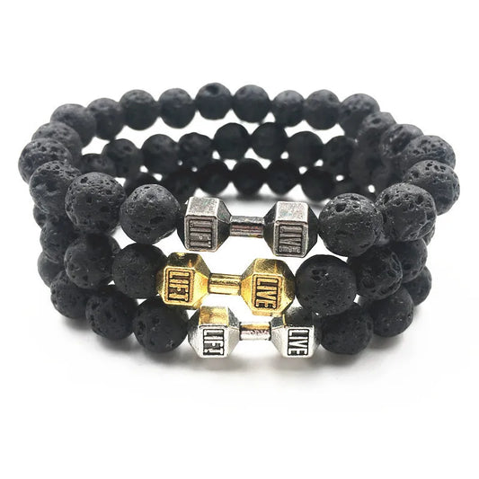 Trendy Men's Beaded Bracelet Turquoise Lava Rock Dumbbell Beaded Bracelet Women's Casual Sports Jewelry