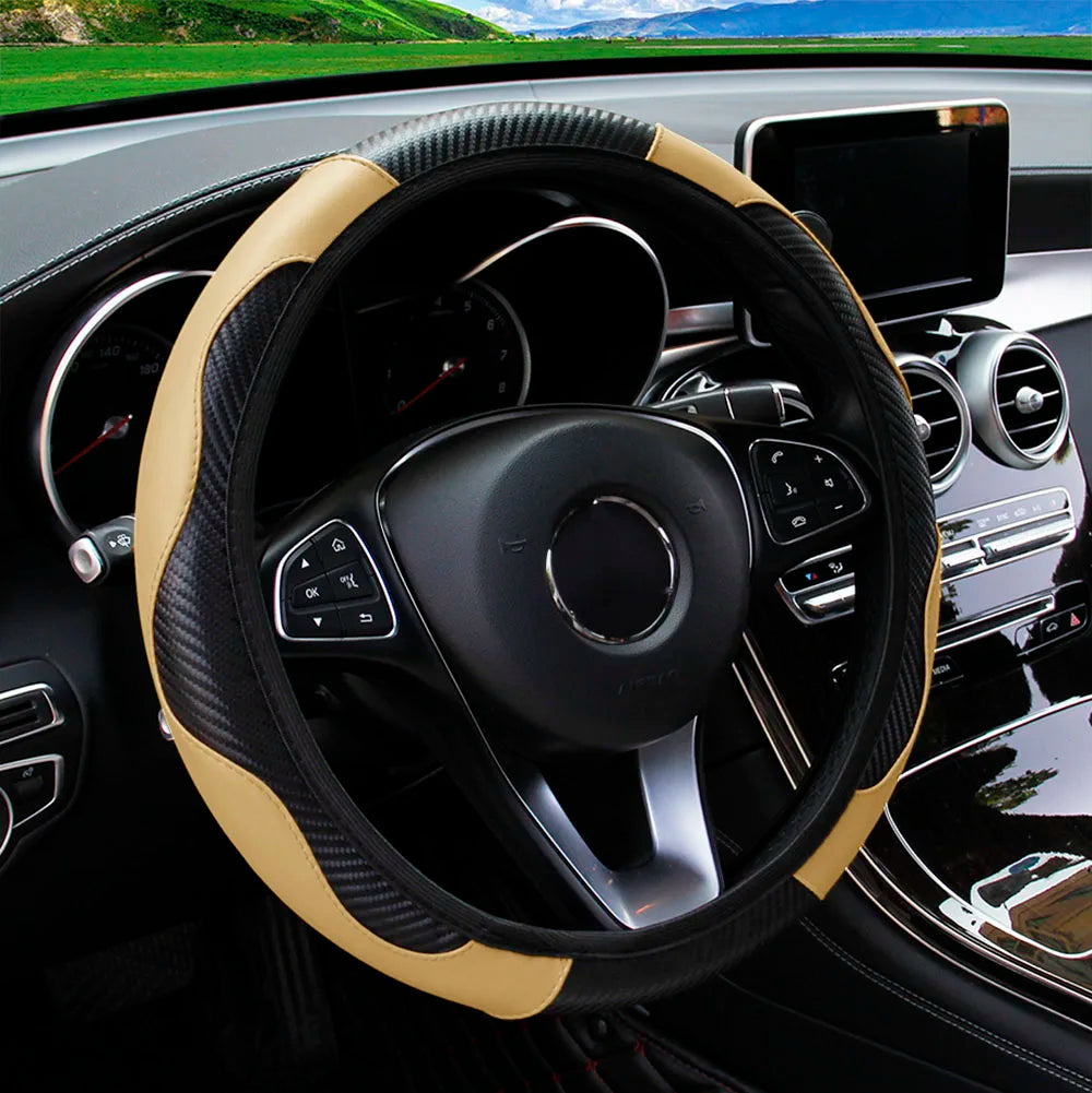 Carbon Fiber PU Leather Car without Inner Ring Steering Wheel Cover Automotive Supplies Suitable for 14.5-15 Inches