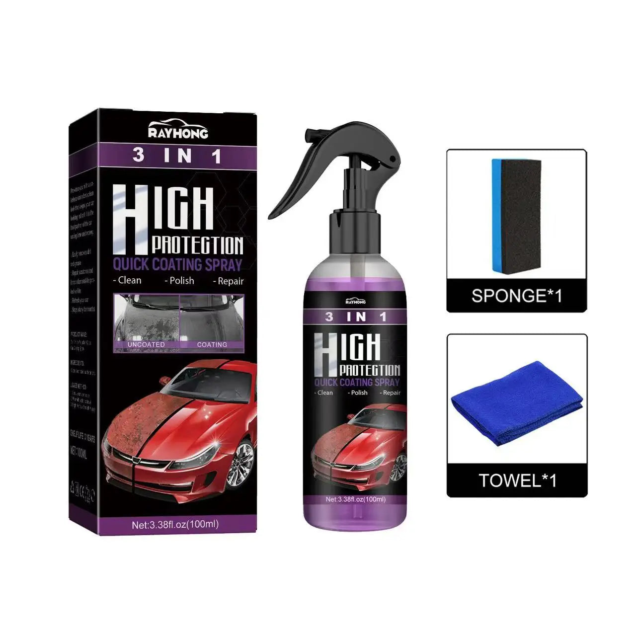 Rayhong 3 in 1 High Protection Fast Automotive Paint Spray Automatic Hand Paint Color Change Cleaning Coating Spray