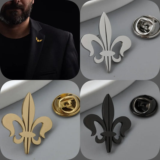 Retro Baroque gold-plated badge, silver fleur-de-lis collar brooch, black lapel pin, nameplate suit accessories set, men's gift