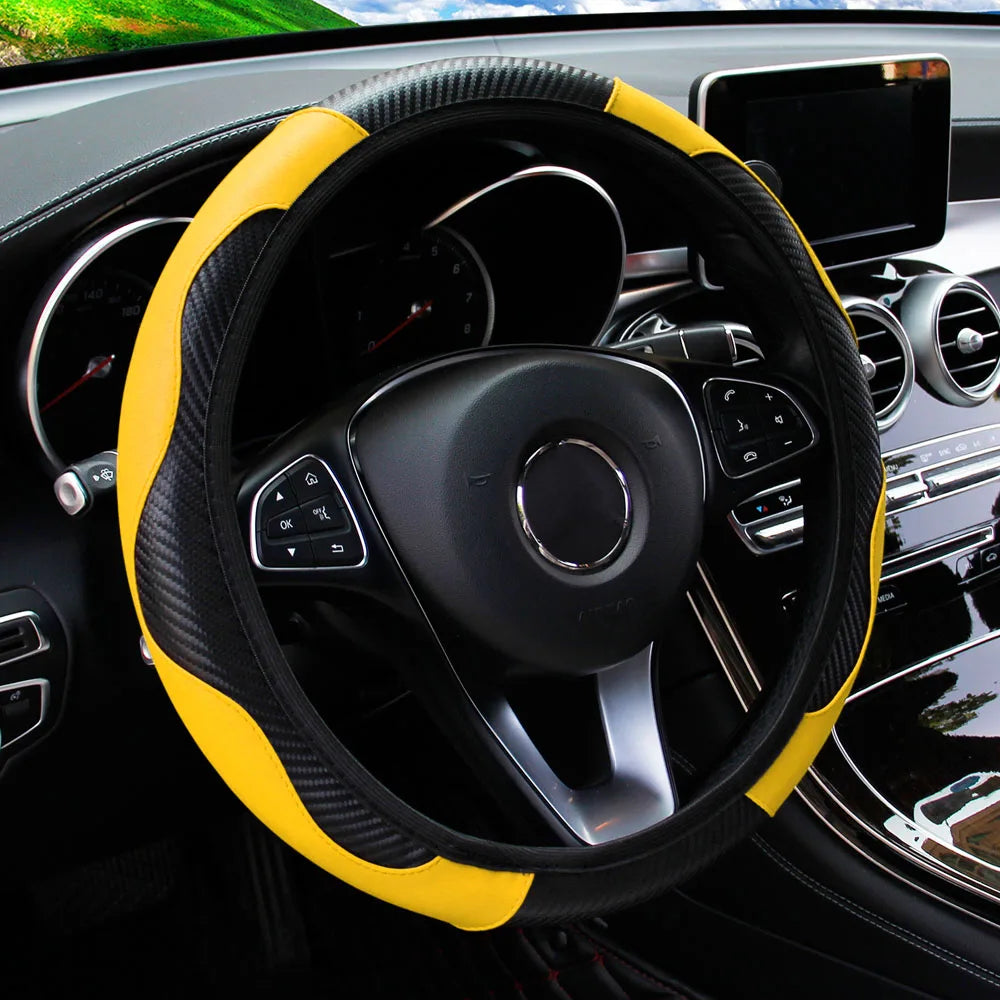 Carbon Fiber PU Leather Car without Inner Ring Steering Wheel Cover Automotive Supplies Suitable for 14.5-15 Inches