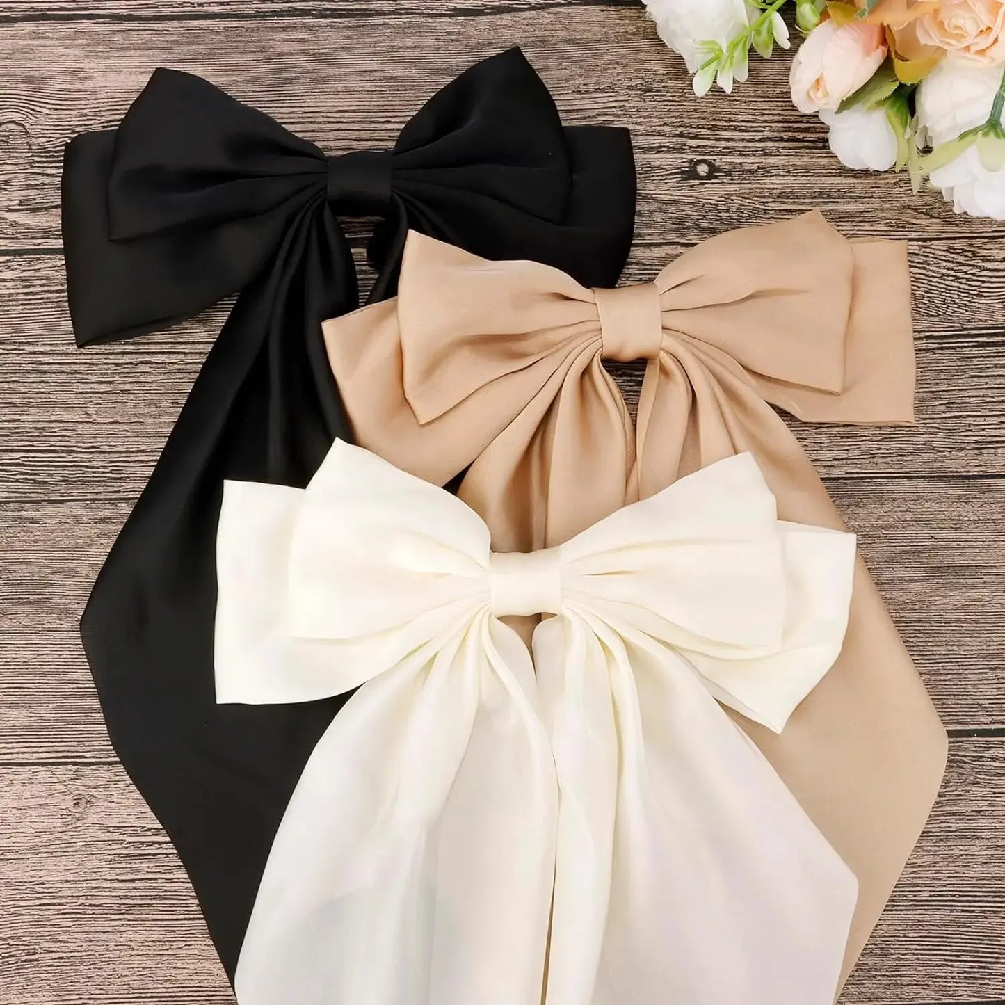 3Pcs Large Elegant Ribbon Bow Hair Clip for Women Simple Solid Color Satin Ponytail Bowknot Hairpins Barrettes Hair Accessories