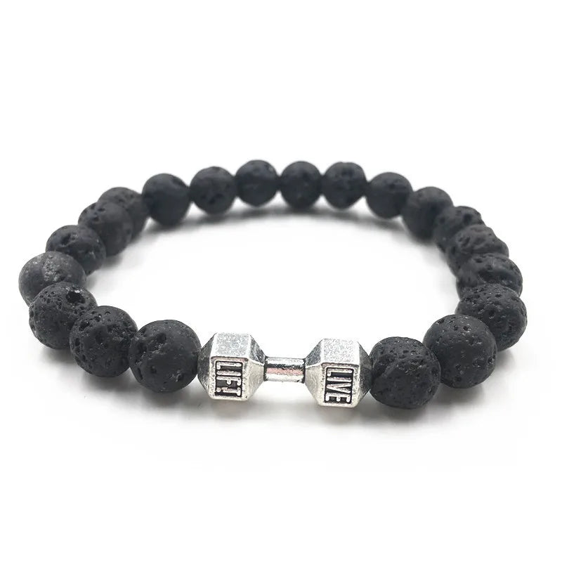 Trendy Men's Beaded Bracelet Turquoise Lava Rock Dumbbell Beaded Bracelet Women's Casual Sports Jewelry