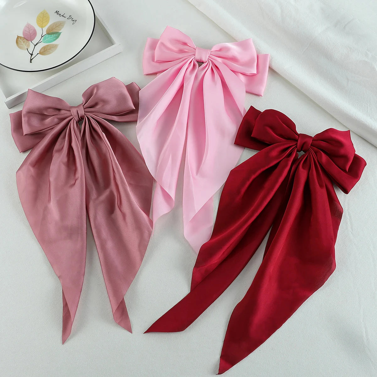 3Pcs Large Elegant Ribbon Bow Hair Clip for Women Simple Solid Color Satin Ponytail Bowknot Hairpins Barrettes Hair Accessories