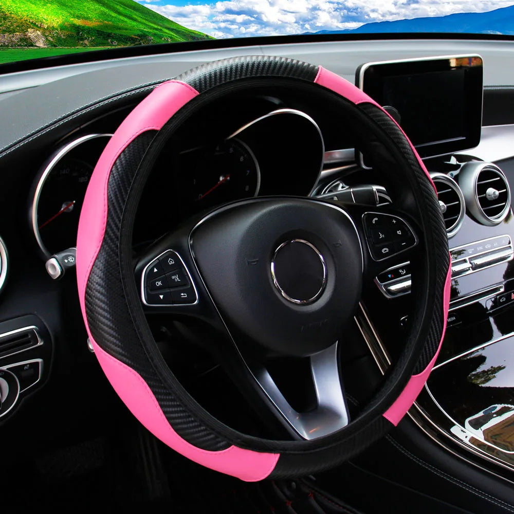 Carbon Fiber PU Leather Car without Inner Ring Steering Wheel Cover Automotive Supplies Suitable for 14.5-15 Inches