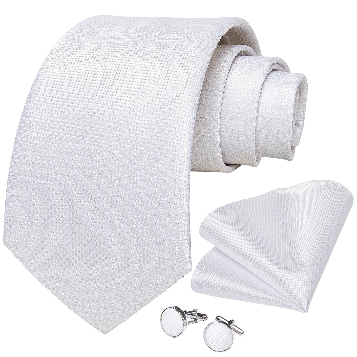 Solid White Polyester Ties for Men Wedding Party Suits Accessories 8cm Neck Tie Handkerchief Cufflinks Gift for Husband