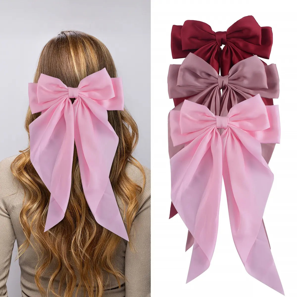 3Pcs Large Elegant Ribbon Bow Hair Clip for Women Simple Solid Color Satin Ponytail Bowknot Hairpins Barrettes Hair Accessories