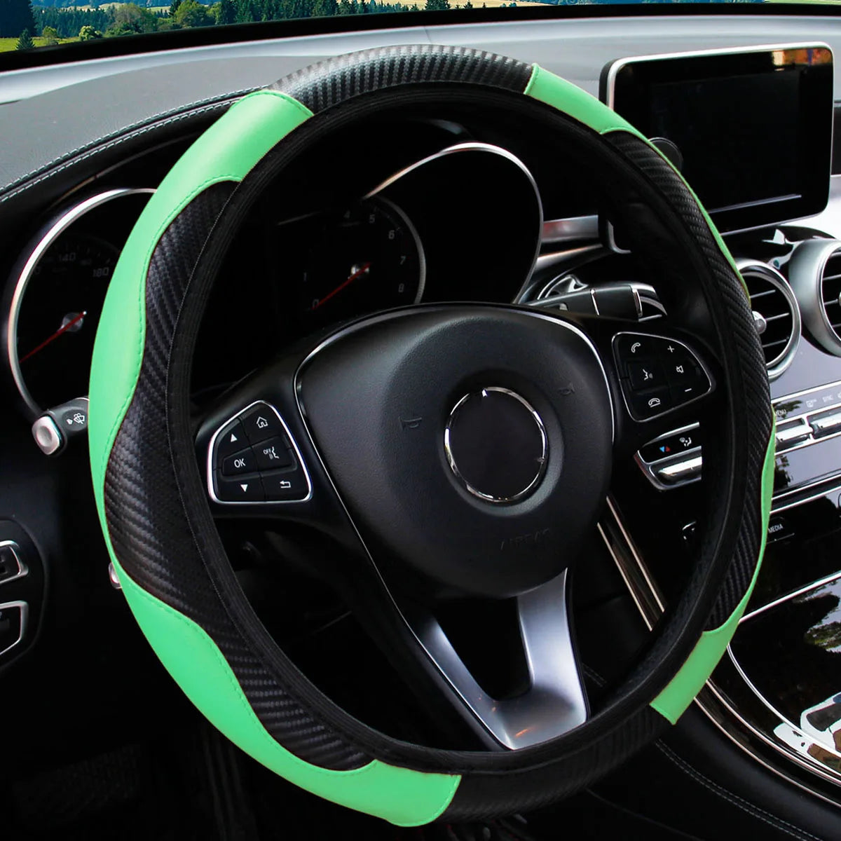 Carbon Fiber PU Leather Car without Inner Ring Steering Wheel Cover Automotive Supplies Suitable for 14.5-15 Inches