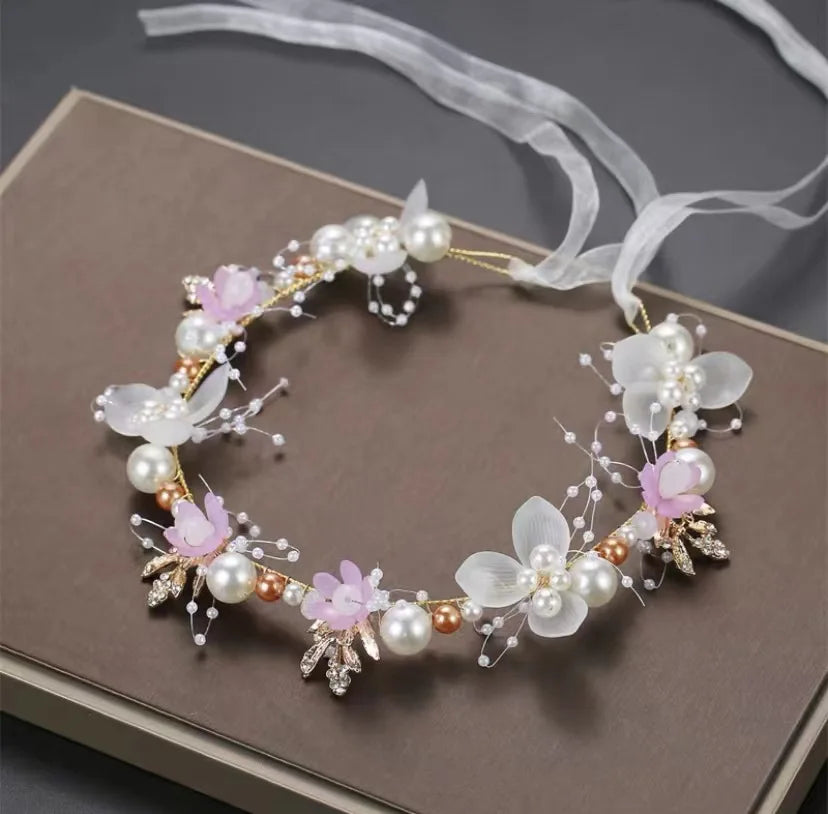 Princess Flower Crystal Headpiece Rhinestone Pearl Headband Alloy Floral Bridal Hair Accessories Wedding For Girls And Women