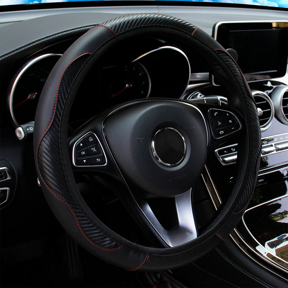 Carbon Fiber PU Leather Car without Inner Ring Steering Wheel Cover Automotive Supplies Suitable for 14.5-15 Inches