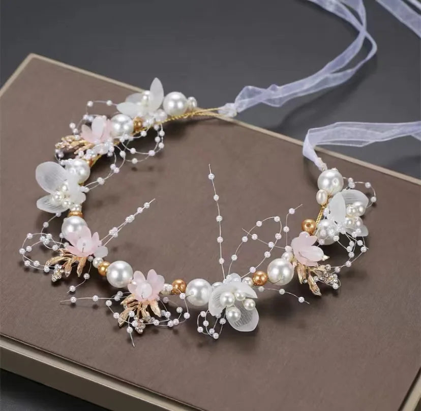 Princess Flower Crystal Headpiece Rhinestone Pearl Headband Alloy Floral Bridal Hair Accessories Wedding For Girls And Women