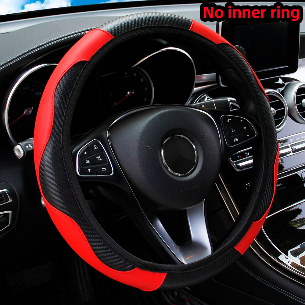 Carbon Fiber PU Leather Car without Inner Ring Steering Wheel Cover Automotive Supplies Suitable for 14.5-15 Inches