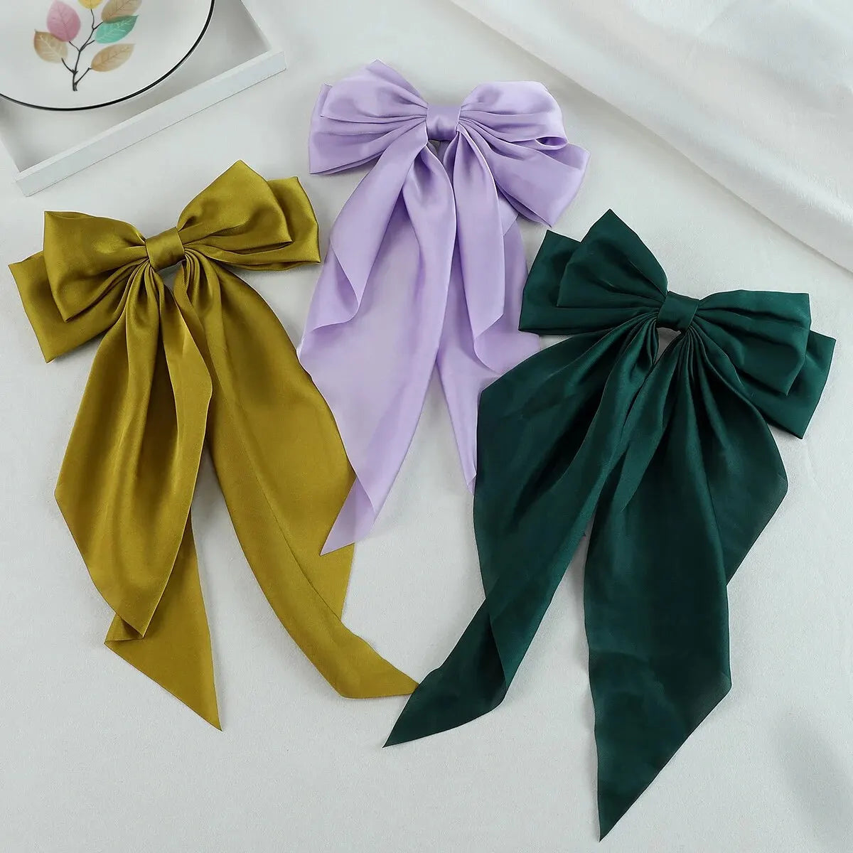 3Pcs Large Elegant Ribbon Bow Hair Clip for Women Simple Solid Color Satin Ponytail Bowknot Hairpins Barrettes Hair Accessories