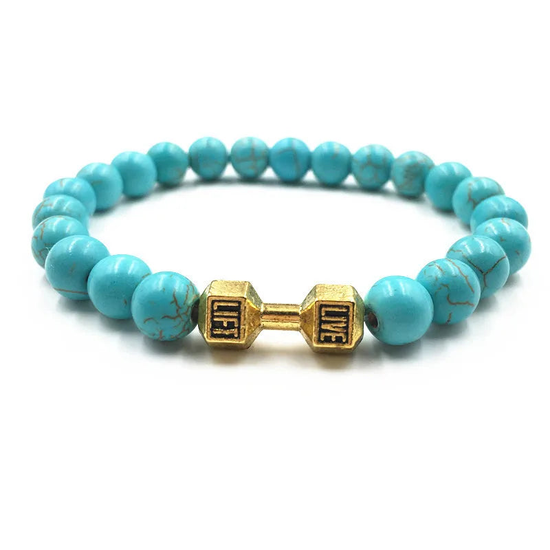 Trendy Men's Beaded Bracelet Turquoise Lava Rock Dumbbell Beaded Bracelet Women's Casual Sports Jewelry