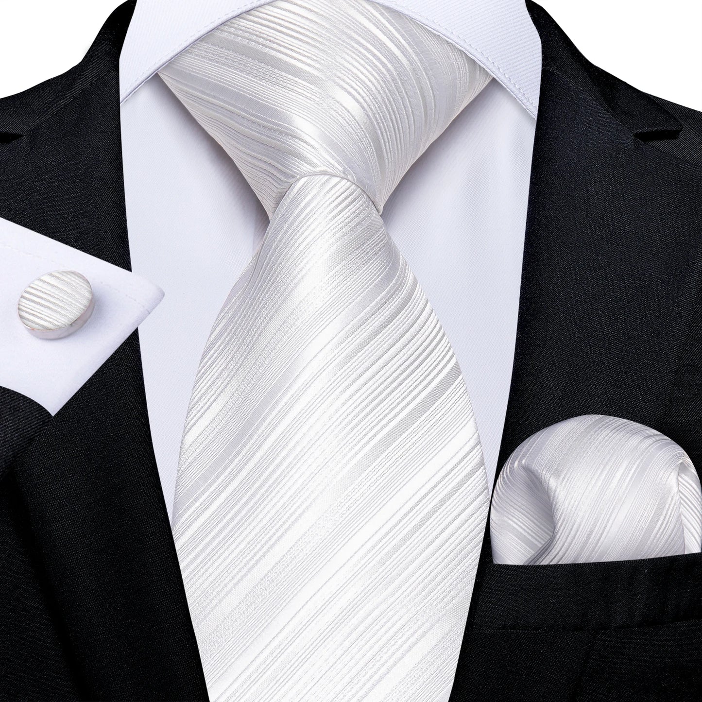 Solid White Polyester Ties for Men Wedding Party Suits Accessories 8cm Neck Tie Handkerchief Cufflinks Gift for Husband