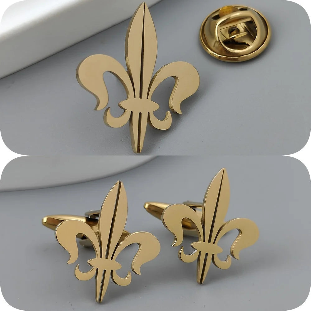 Retro Baroque gold-plated badge, silver fleur-de-lis collar brooch, black lapel pin, nameplate suit accessories set, men's gift