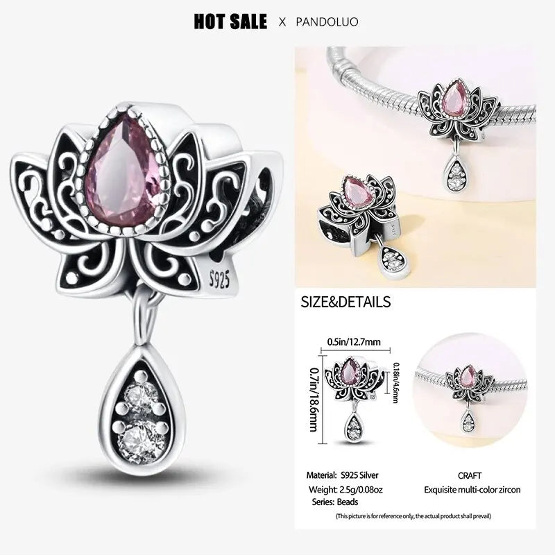 2024 Original New in Romantic Retro Classic Series Lotus Charm Beads Fits Pandach Bracelet Women 925 Silver Pendant Bead Jewelry