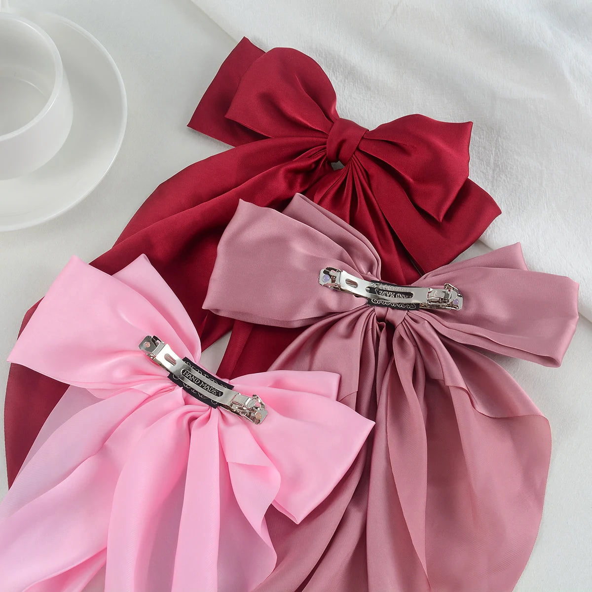 3Pcs Large Elegant Ribbon Bow Hair Clip for Women Simple Solid Color Satin Ponytail Bowknot Hairpins Barrettes Hair Accessories