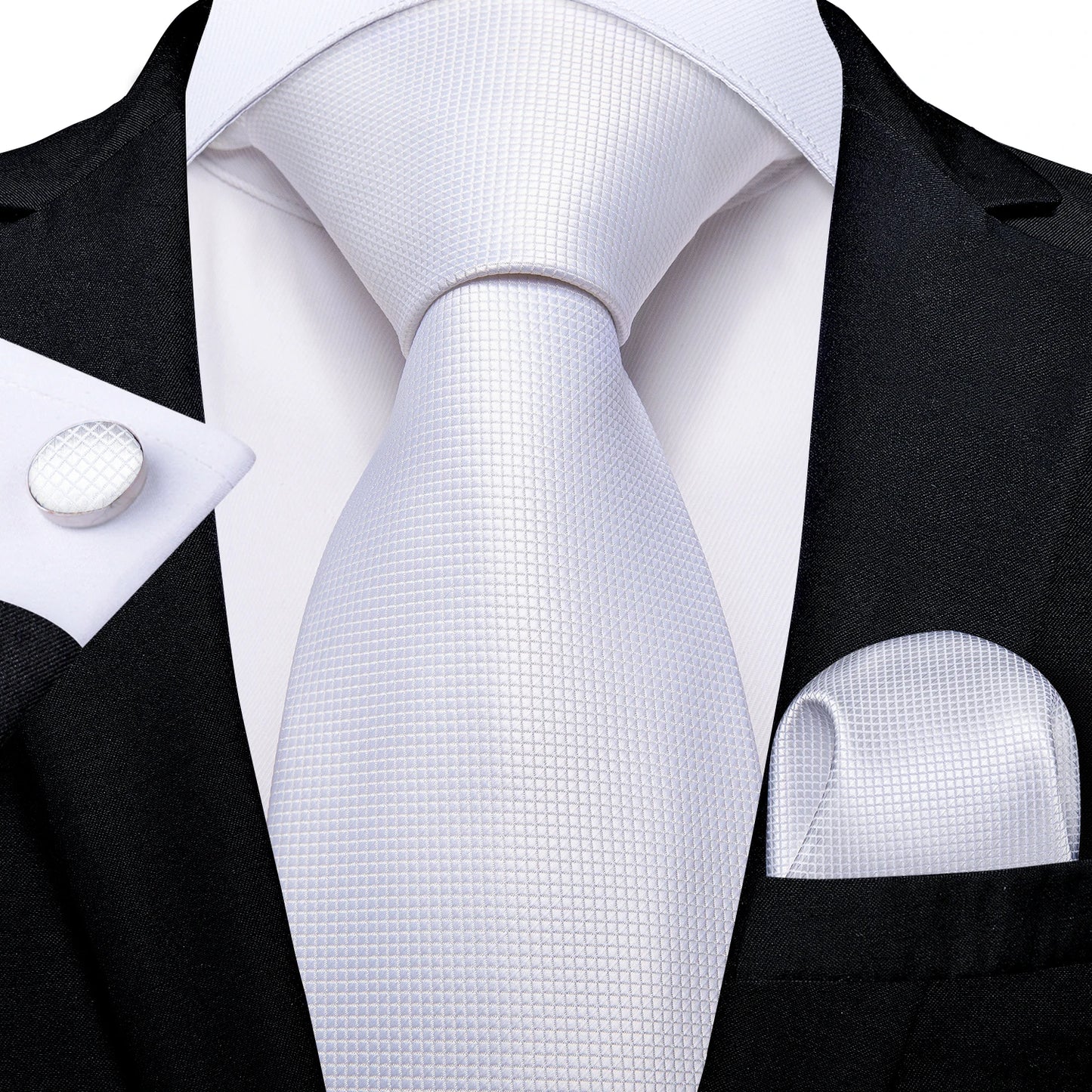 Solid White Polyester Ties for Men Wedding Party Suits Accessories 8cm Neck Tie Handkerchief Cufflinks Gift for Husband