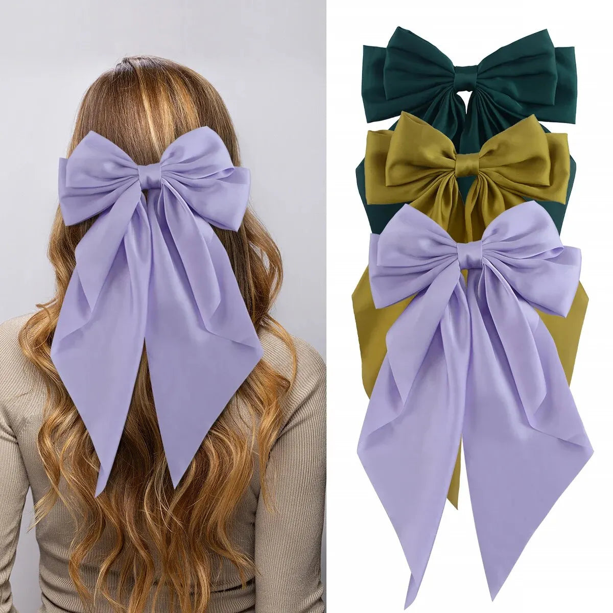 3Pcs Large Elegant Ribbon Bow Hair Clip for Women Simple Solid Color Satin Ponytail Bowknot Hairpins Barrettes Hair Accessories