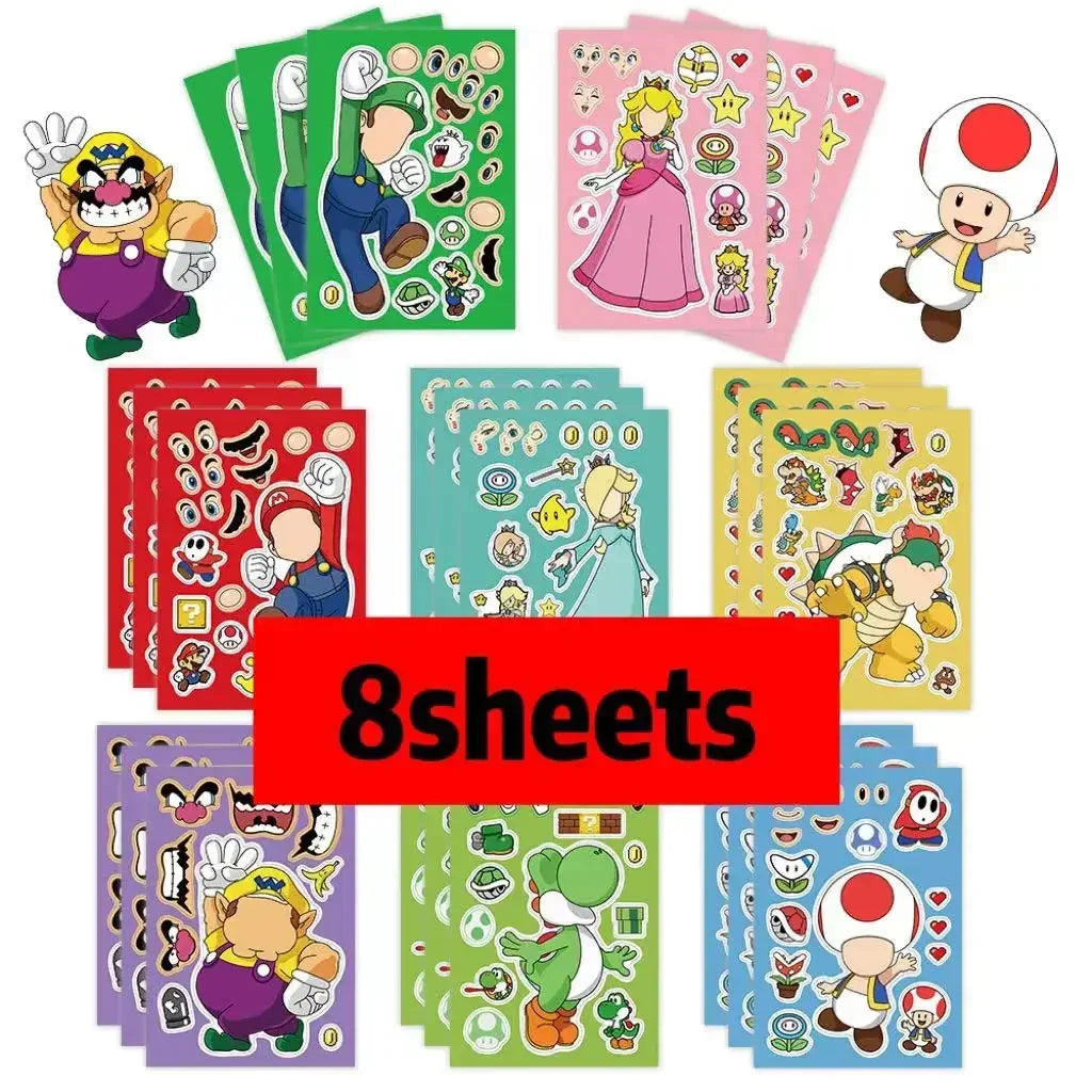 8/16Sheets Super Mario Bros Puzzle Sticker Children DIY Funny Games Make-a-Face Assemble Jigsaw Sticker DIY Book Kids Toys Gift