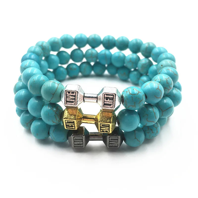 Trendy Men's Beaded Bracelet Turquoise Lava Rock Dumbbell Beaded Bracelet Women's Casual Sports Jewelry