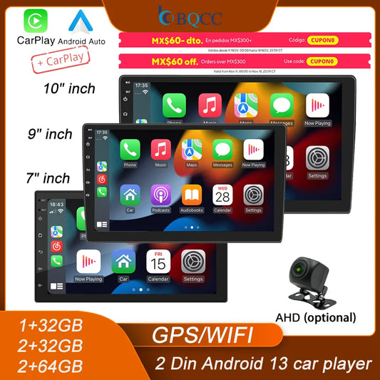 BQCC 4core 2 Din Car Radio Androidauto Carplay Android 13 GPS Car Audio 7"/9"/10" WIFI BT IPS Automotive Multimedia Player