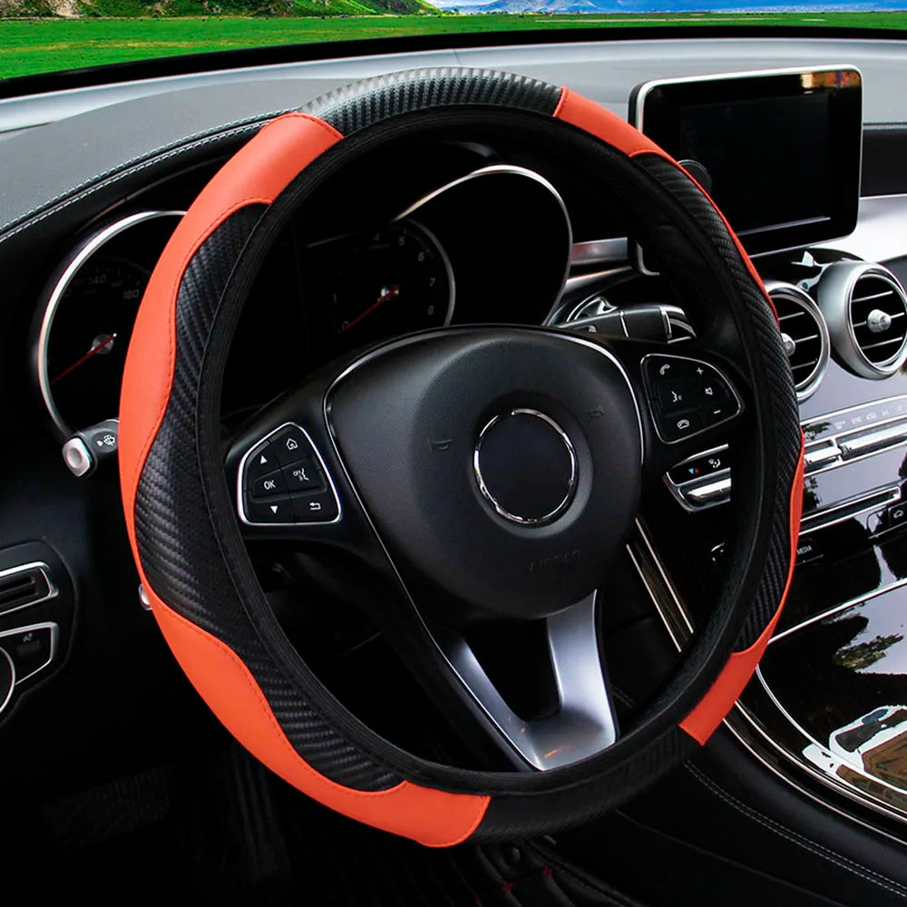 Carbon Fiber PU Leather Car without Inner Ring Steering Wheel Cover Automotive Supplies Suitable for 14.5-15 Inches