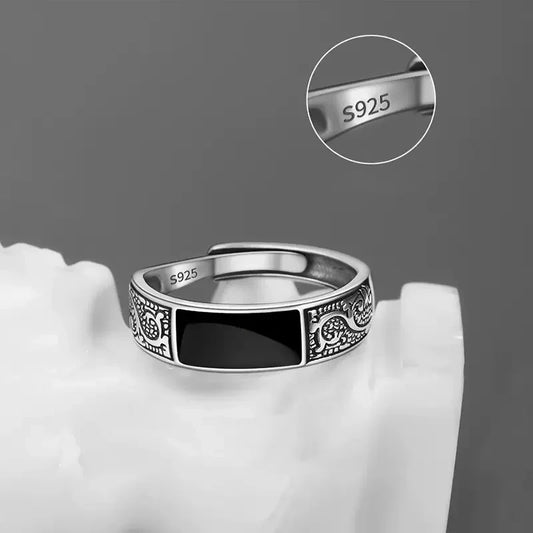 Trendy Ring For Men Jewelry Black Rectangle Retro Dragon Pattern Ring Male Infex Finger Accessories Open