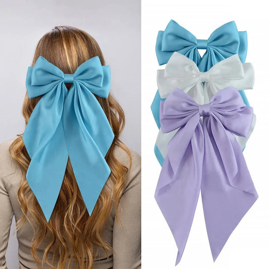 3Pcs Large Elegant Ribbon Bow Hair Clip for Women Simple Solid Color Satin Ponytail Bowknot Hairpins Barrettes Hair Accessories