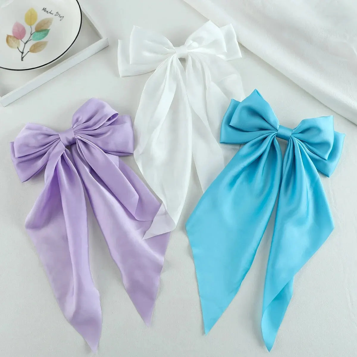 3Pcs Large Elegant Ribbon Bow Hair Clip for Women Simple Solid Color Satin Ponytail Bowknot Hairpins Barrettes Hair Accessories